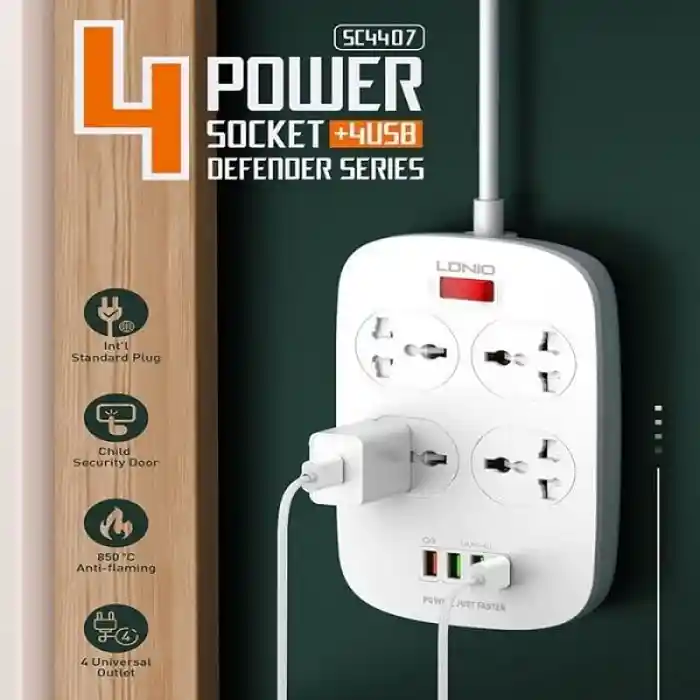 LDNIO SC4407 Power Socket 4 USB Charger with 3 Pin 4 Port Power Extension Cord